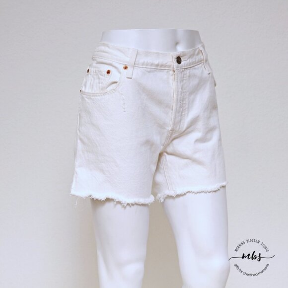 Levi's 501 Distressed Button Fly High Waist Frayed Hem Side Slit Denim Shorts - Picture 7 of 14